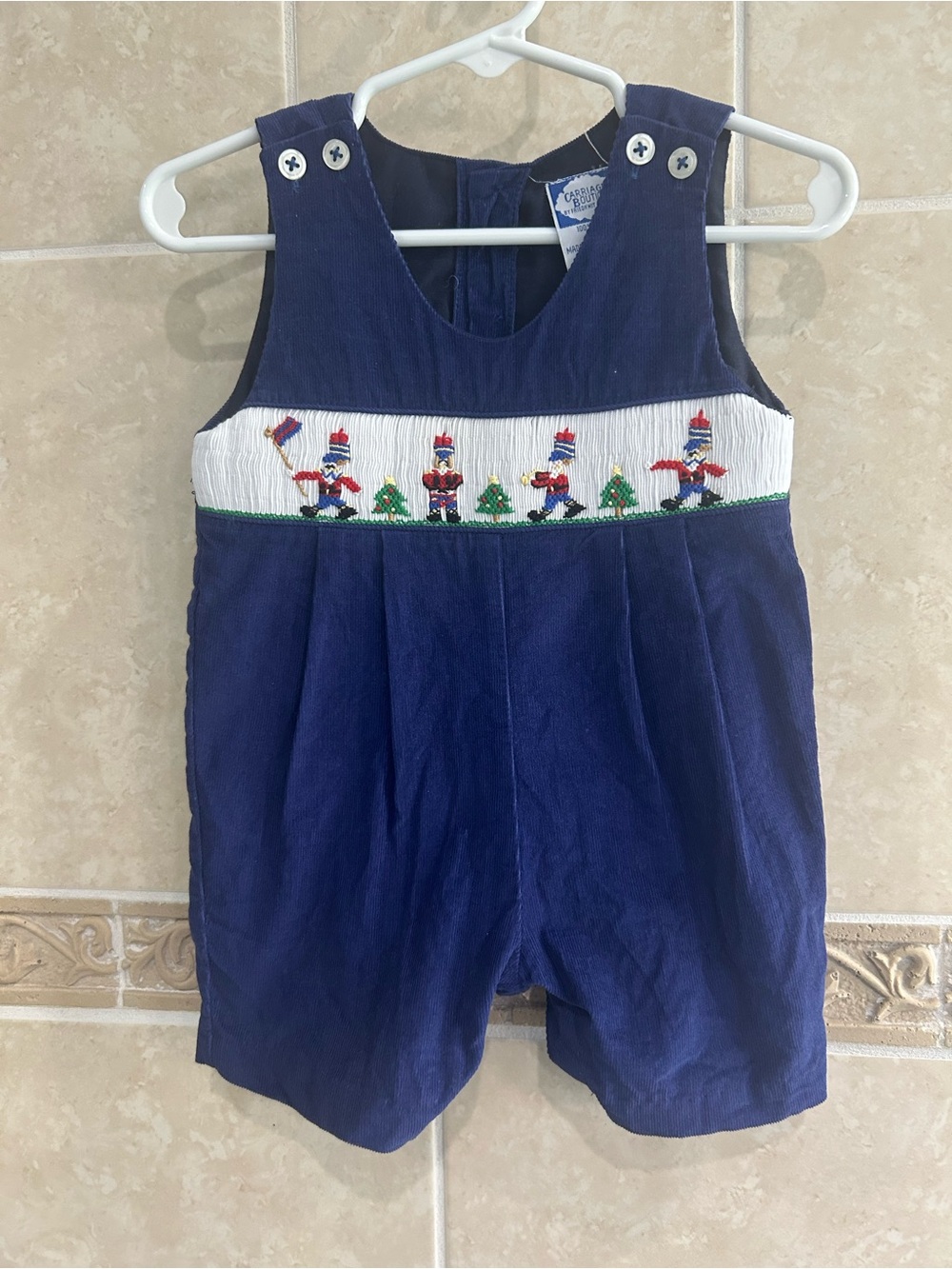 Carriage Boutique Navy Corduroy Smocked Toy Soldier Christmas